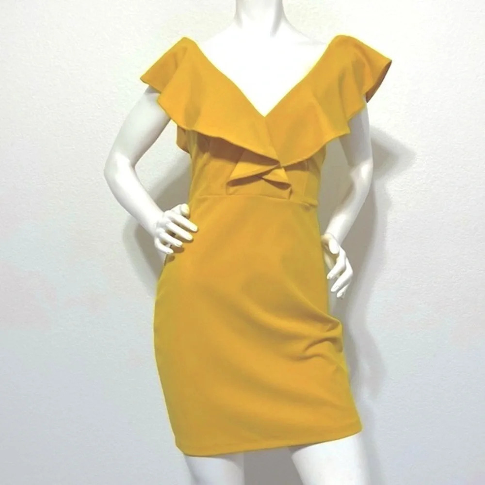 Symphony NEW Mustard Yellow Bodycon Ruffle Mini Dress Size L